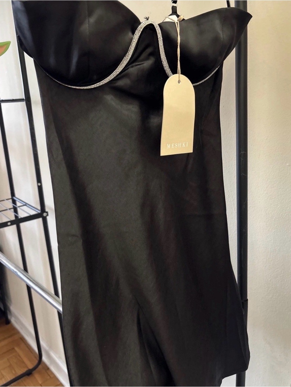 Meshki Black Strapless Dress with Rhinestone Neckline